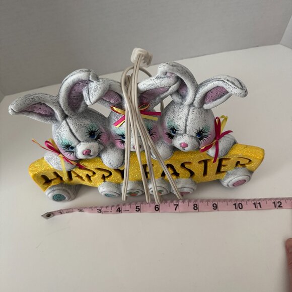 Vintage Happy Easter Lamp Light Three Bunny Rabbits Glitter Sign Hand Painted Re
